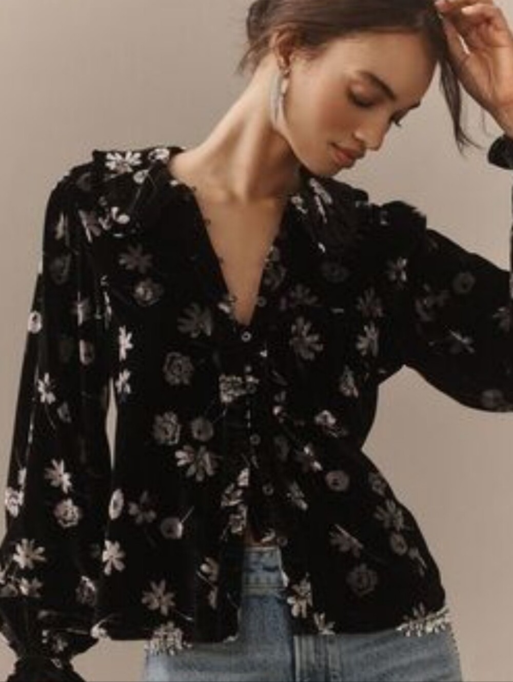 Pilcro Black Floral Velvet Button-Down Blouse